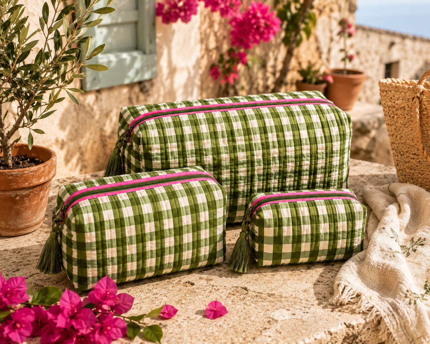Wash Bag -  Olive Gingham