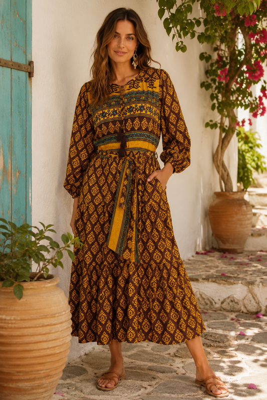 Lola Silk Dress XS - Brown/Gold Print 036