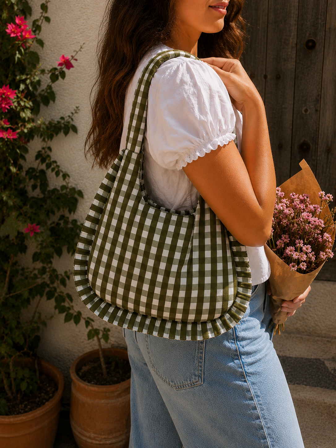 Ruffle Bag - Green Gingham