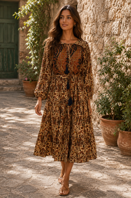 Lola Silk Dress M - Light Gold/Navy/ Burnt Orange Paisley Print 046