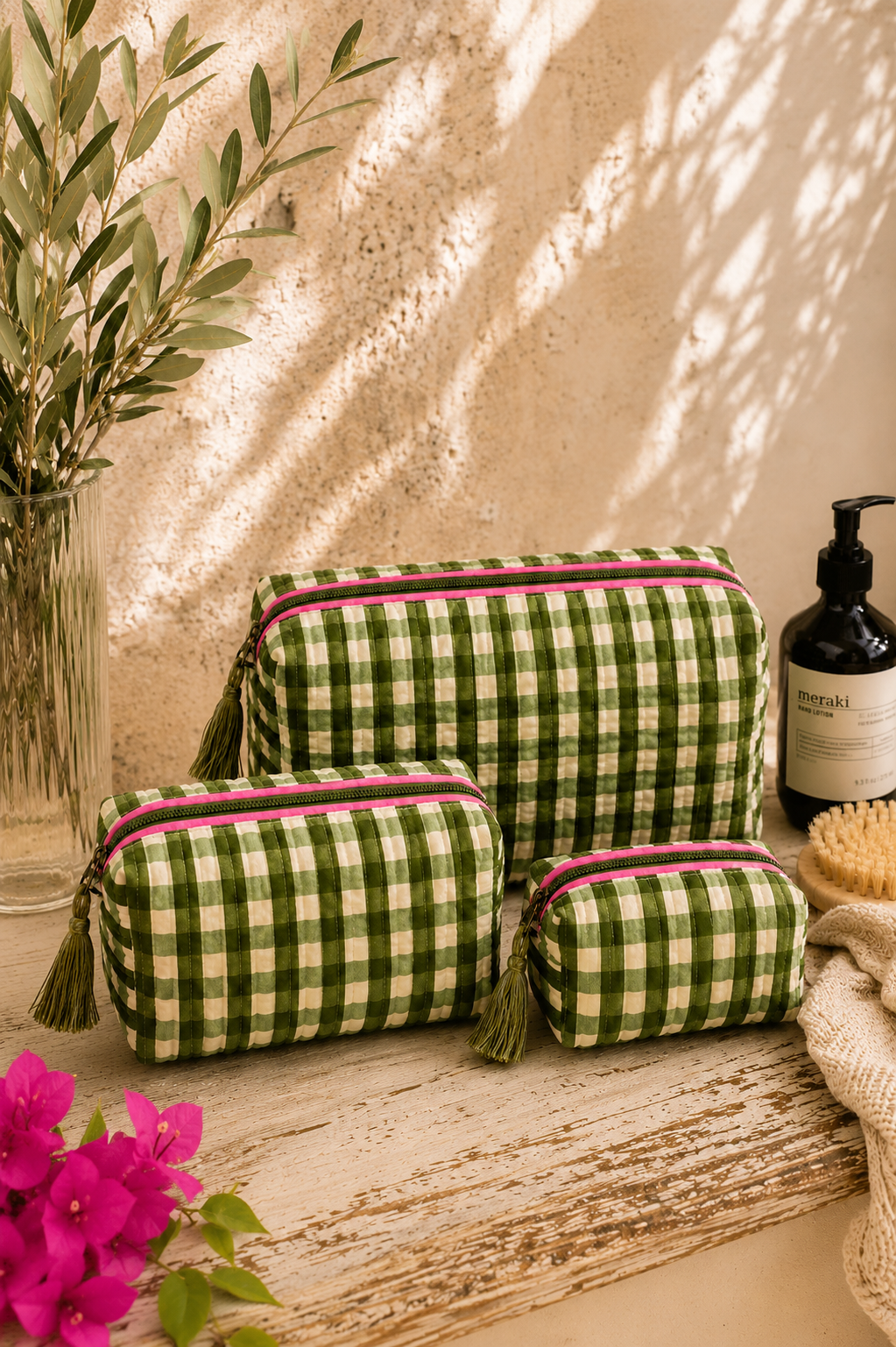 Wash Bag -  Olive Gingham