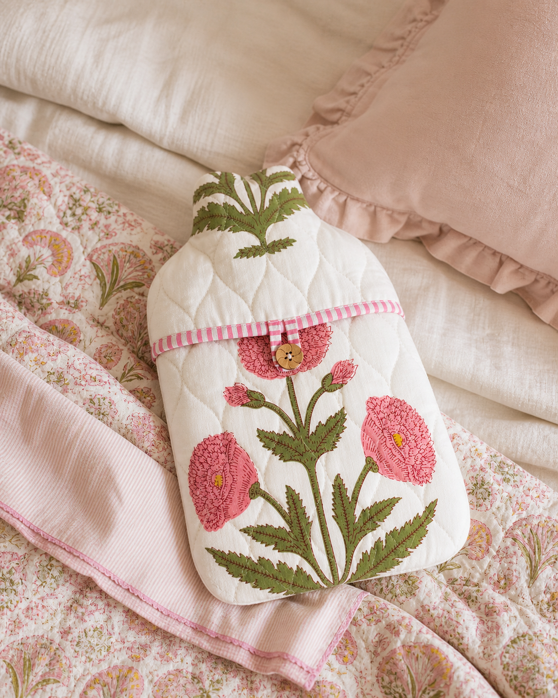 Hot Water Bottle Cover - Pink Poppy