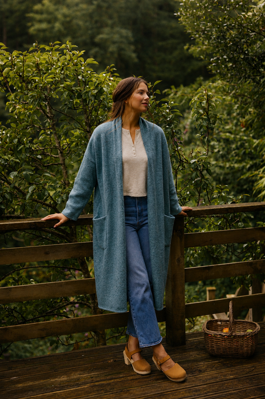 Soft Tweed Roll Collar Coatigan - Sea Blue