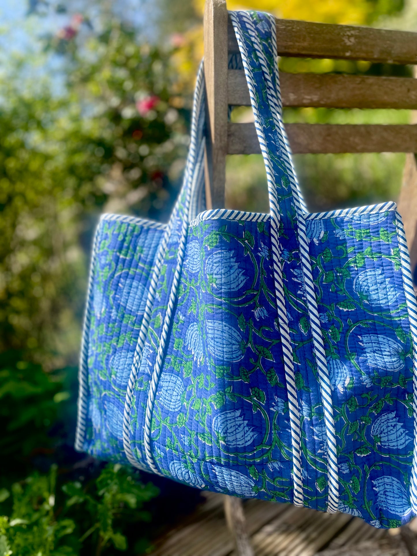 Quilted Tote Bag - Blue/Green Floral
