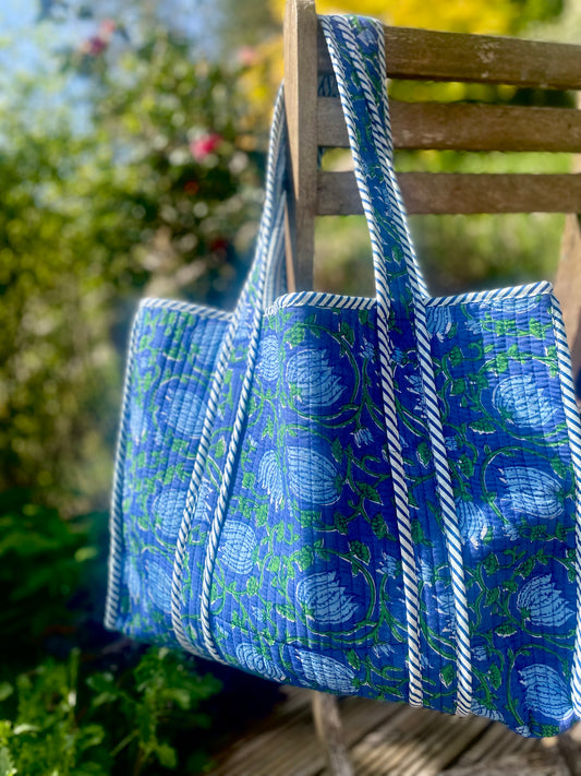 Quilted Tote Bag - Blue/Green Floral