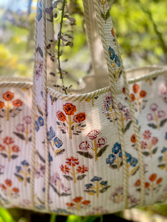 Quilted Tote Bag - White Flower