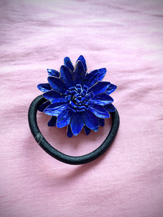 Leather Flower Hair Bobble - Blue (HRC 100)