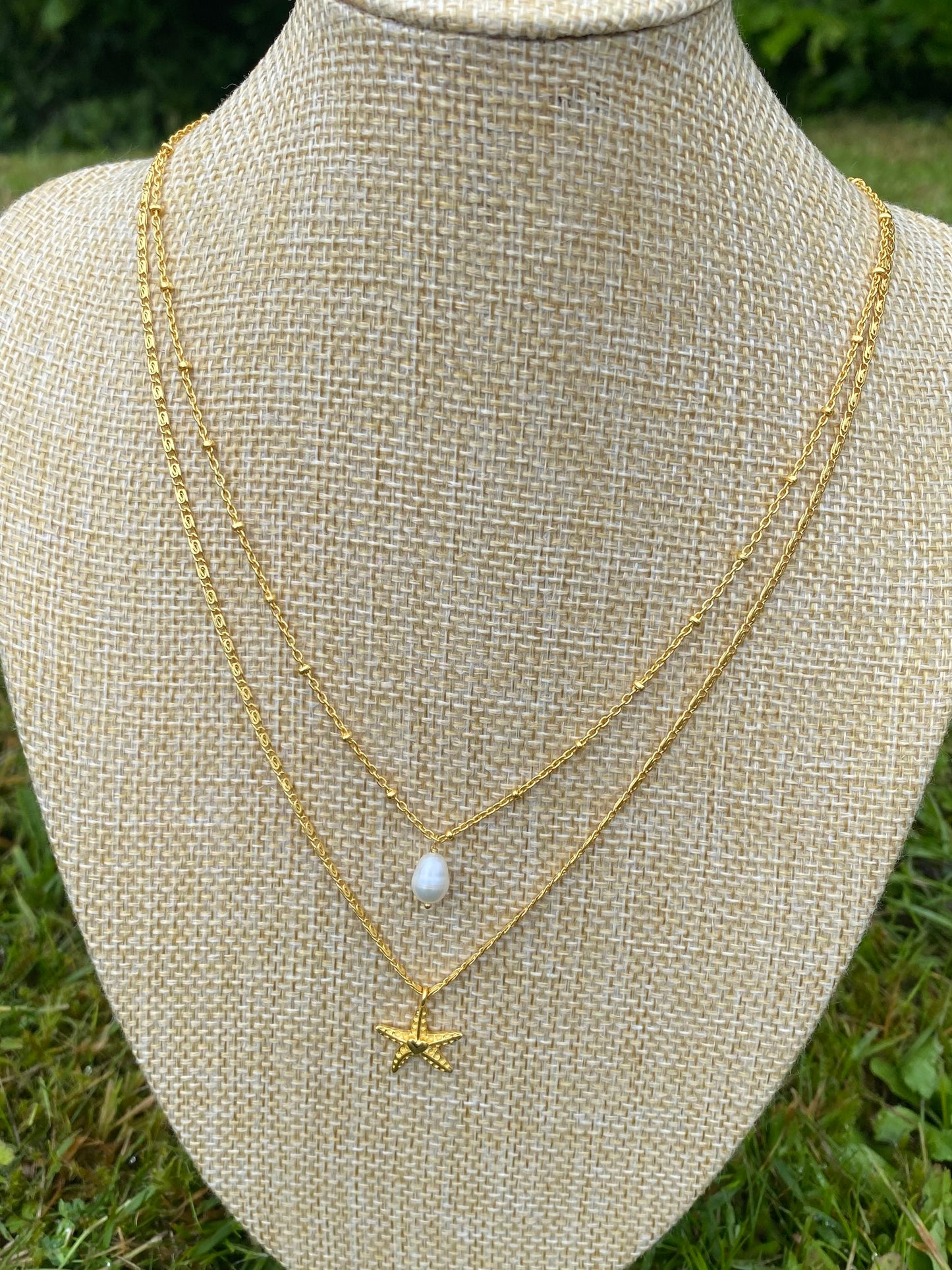 Star Fish & Pearl Charm Necklace - Gold