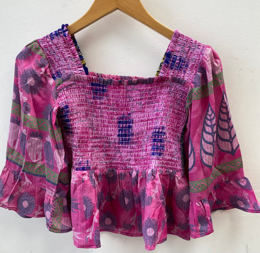 Joelyn Silk Smock Blouse - Pink Retro Print 043