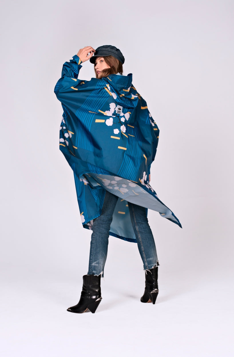 Japanese Blossom - Rain Poncho Blue