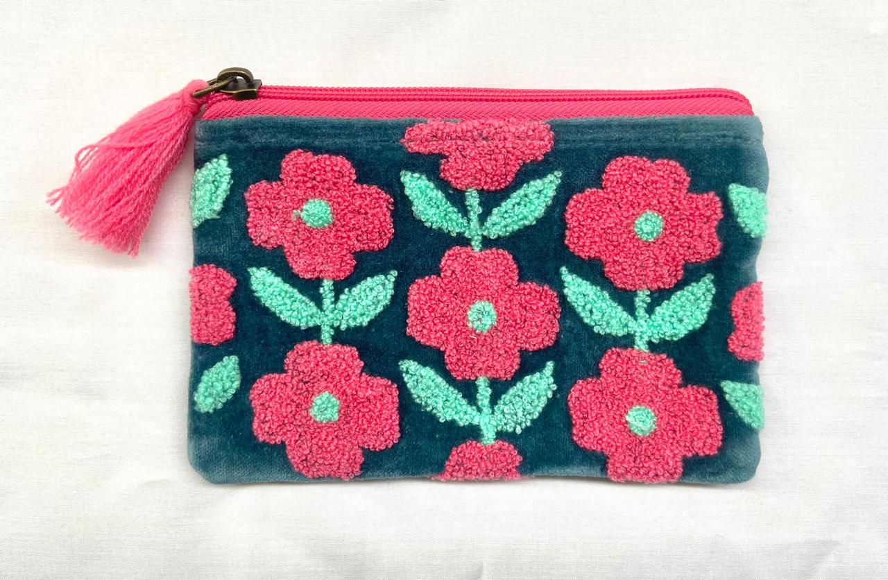 Velvet Multi flowered Pouch - Grey & Pink (AVAILABLE TO PREORDER)