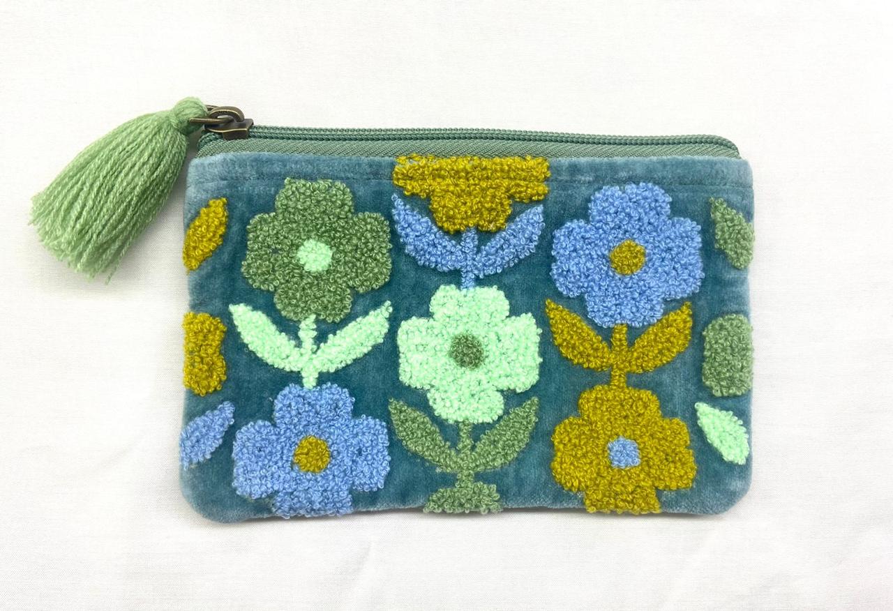 Velvet Multi flowered Pouch - Blue & Mustard (AVAILABLE TO PREORDER)