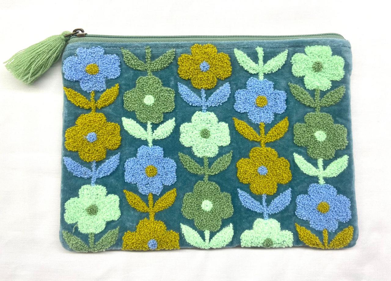 Velvet Multi flowered Pouch - Blue & Mustard (AVAILABLE TO PREORDER)