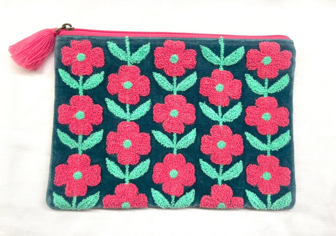 Velvet Multi flowered Pouch - Grey & Pink (AVAILABLE TO PREORDER)