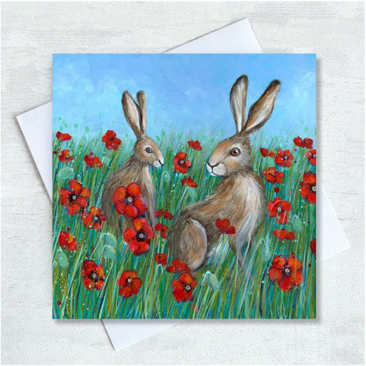 Hares Peeking through the Poppies - Card