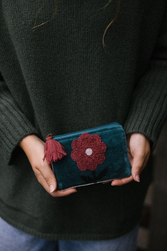 Velvet Single Flower Pouch in Teal