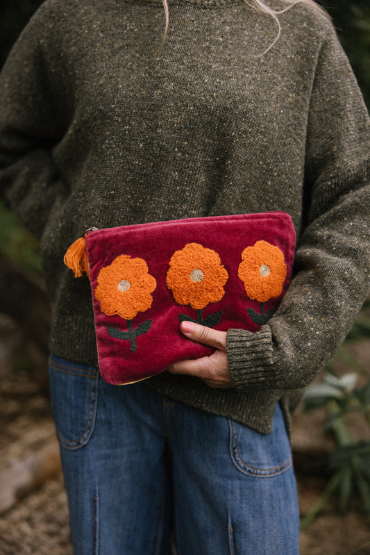 Velvet Triple Flower Pouch in Burgundy