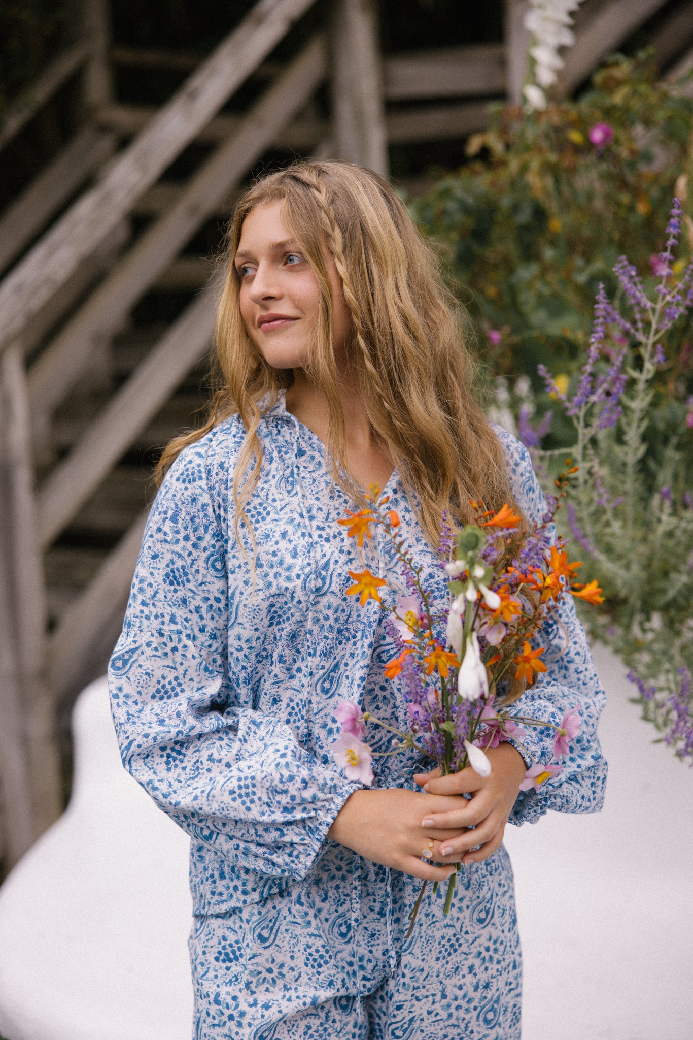 Long Sleeve Cotton Blouse - Blue Paisley