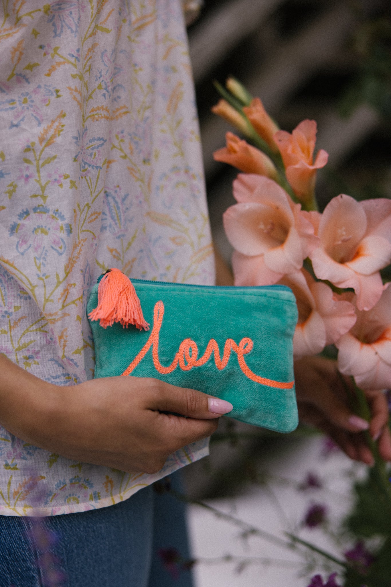 Velvet Love Pouch in Mint & Pink