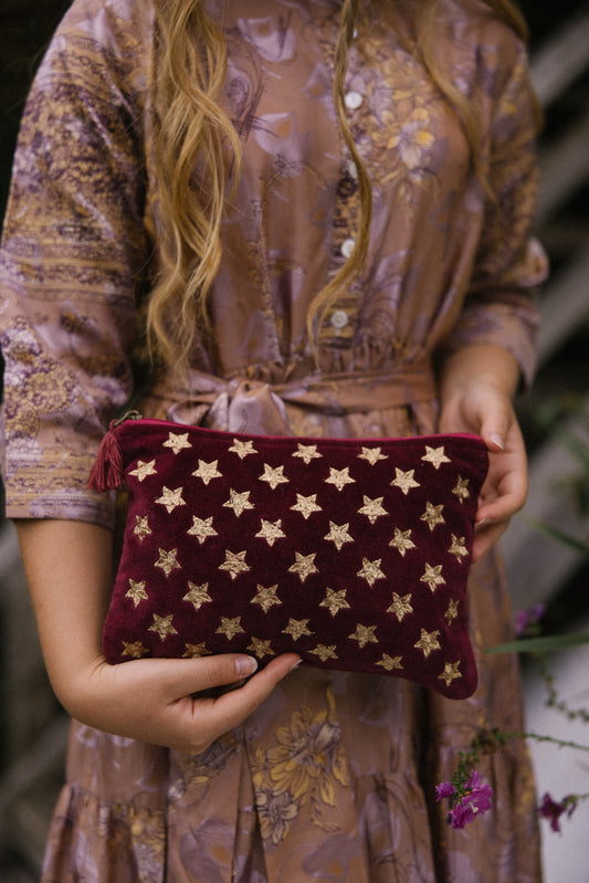 Velvet Star Pouch - Burgundy & Gold