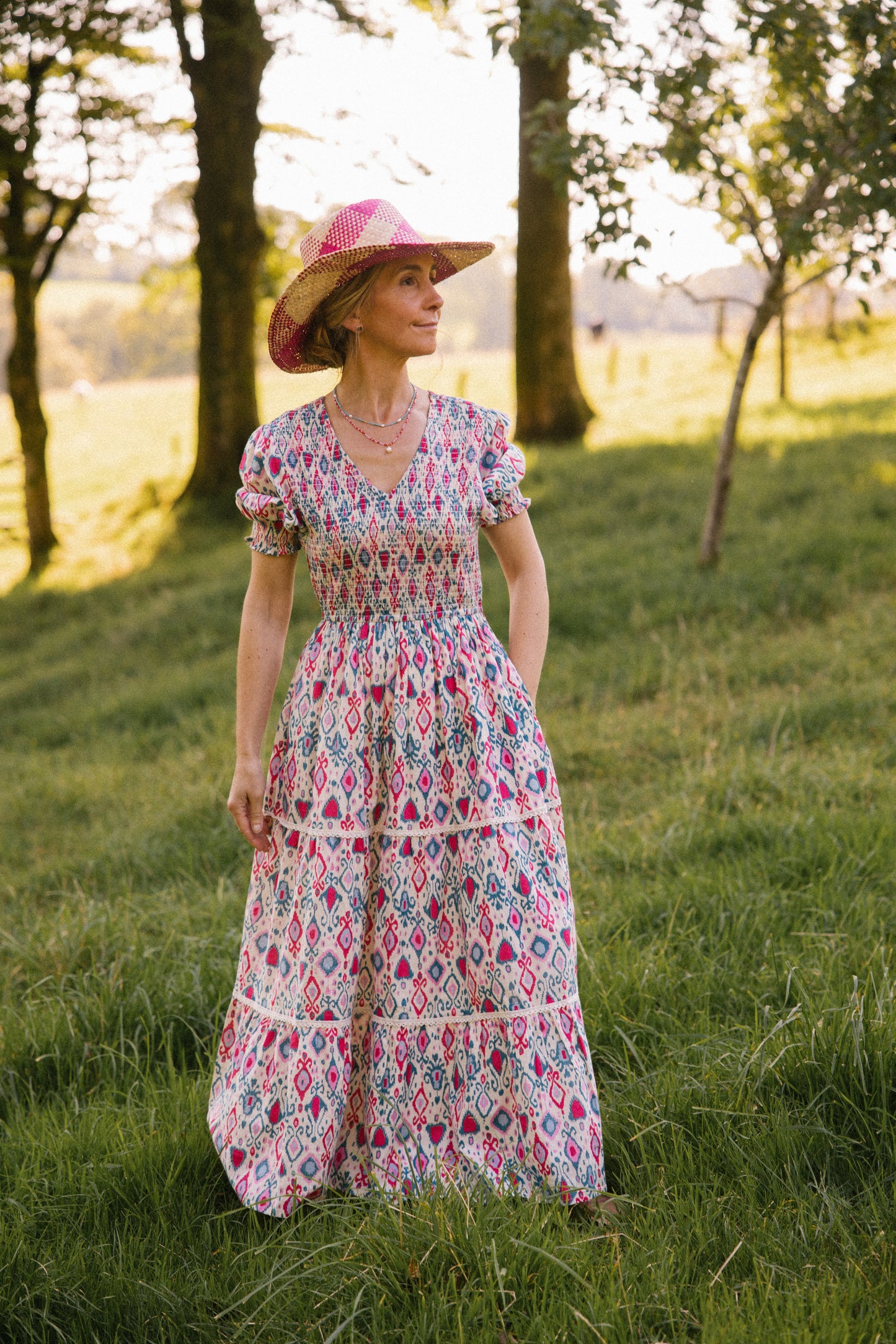 Raffia Sun Hat in Pink/Cream