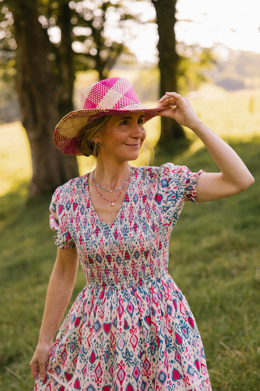 Raffia Sun Hat in Pink/Cream