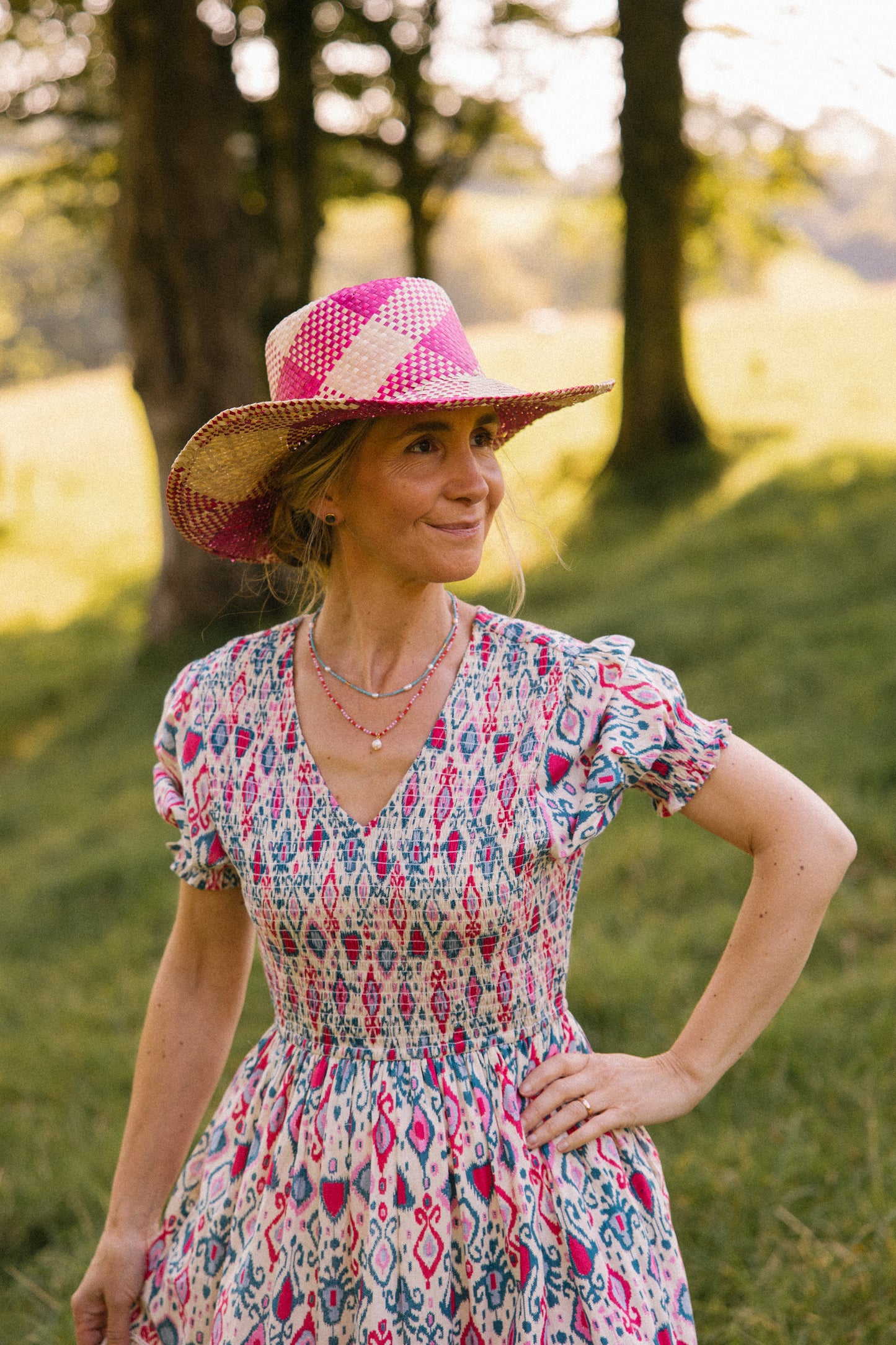 Raffia Sun Hat in Pink/Cream