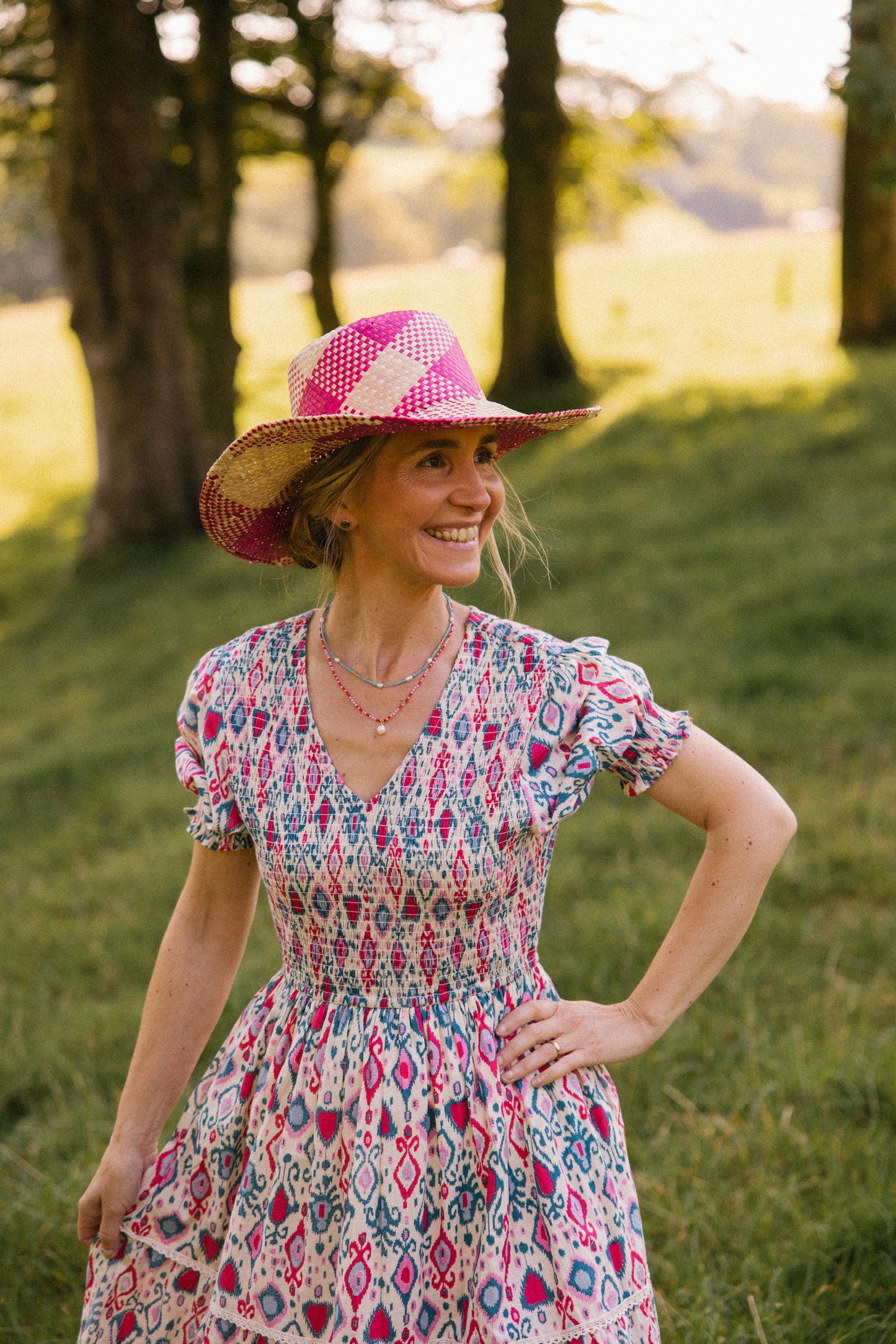 Raffia Sun Hat in Pink/Cream