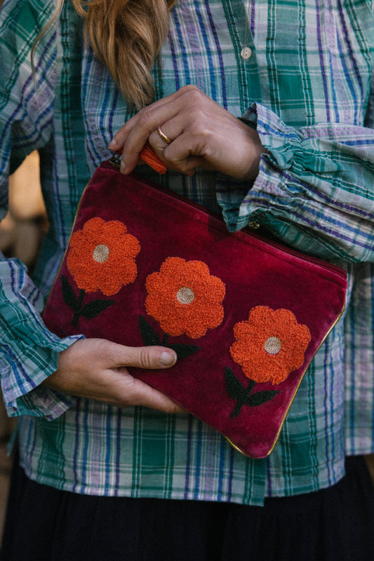 Velvet Triple Flower Pouch in Burgundy