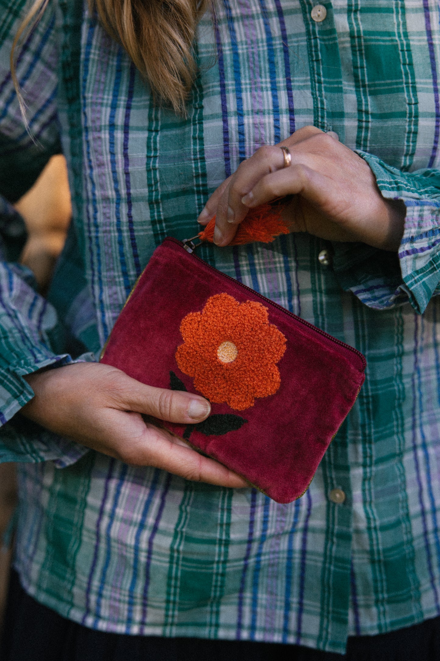 Velvet Single Flower Pouch in Burgundy