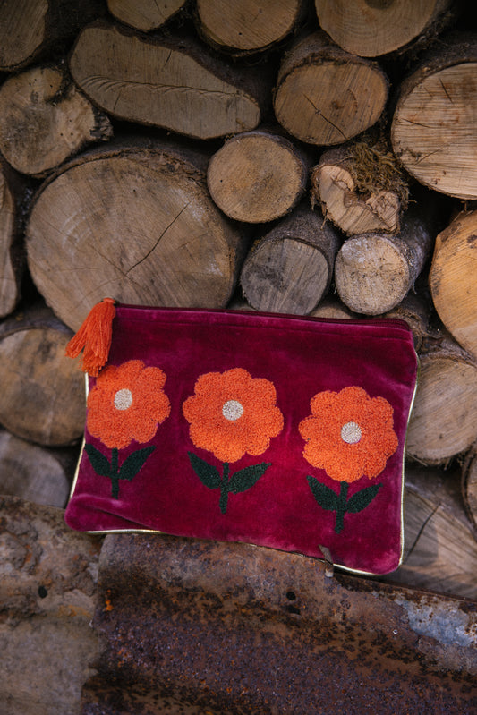 Velvet Triple Flower Pouch in Burgundy