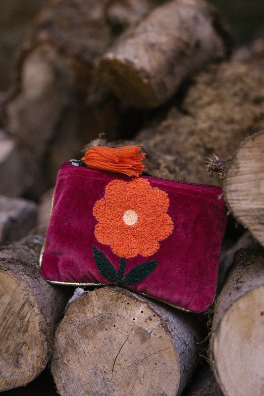 Velvet Single Flower Pouch in Burgundy