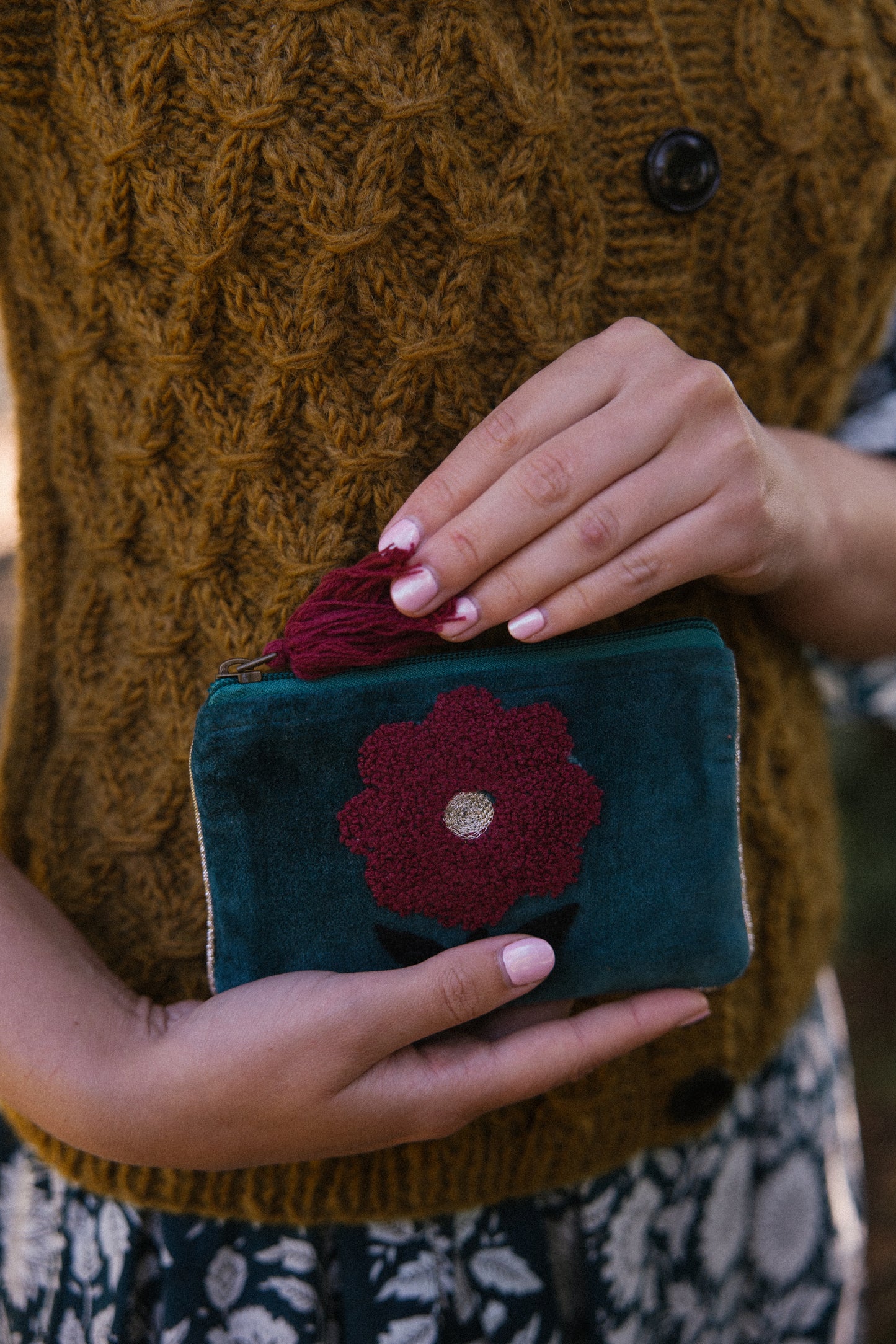 Velvet Single Flower Pouch in Navy