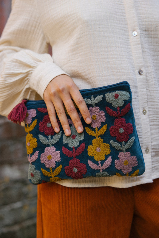 Velvet Multiflowered Pouch in Navy