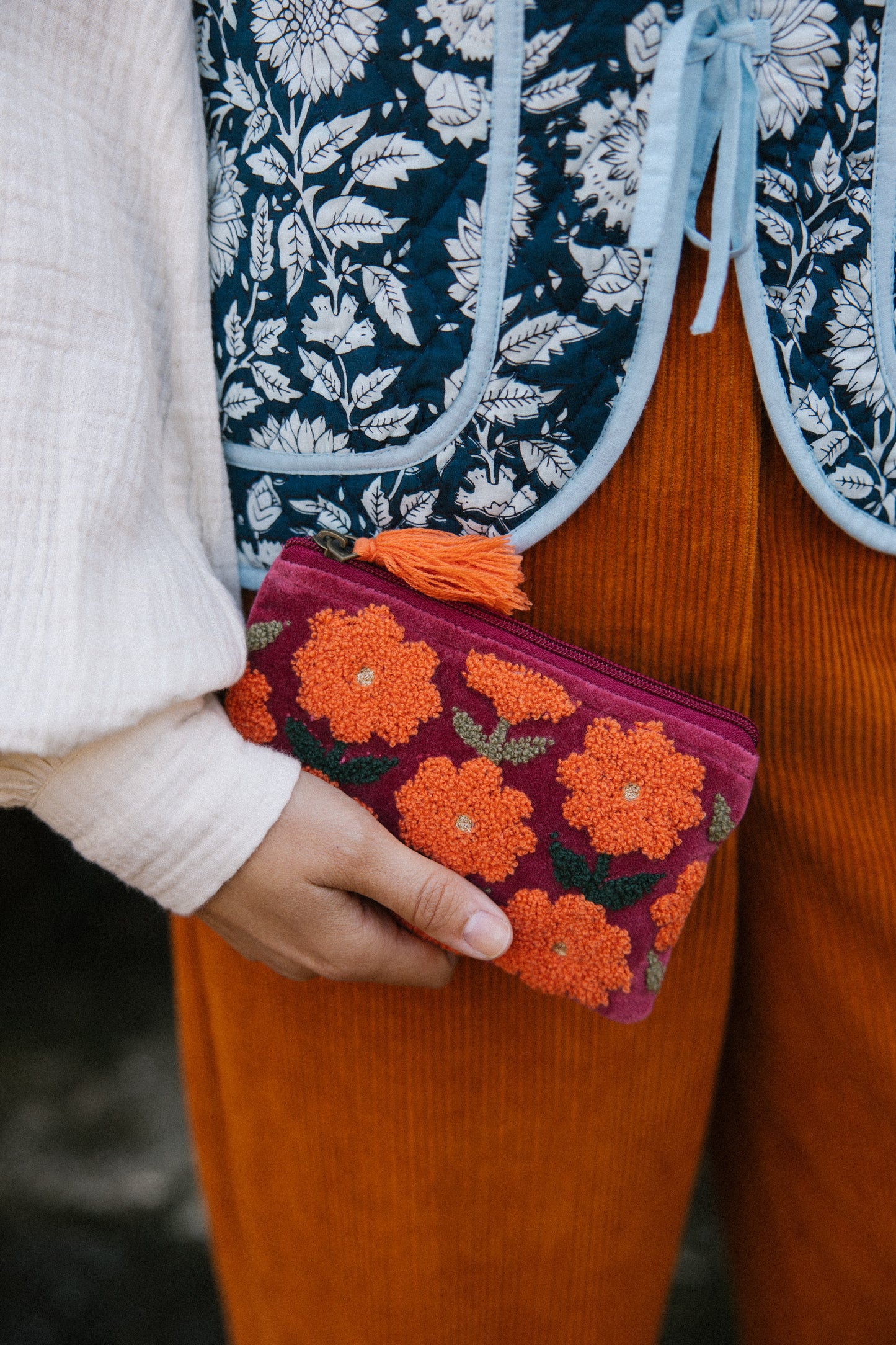 Velvet Multiflowered Pouch in Burgundy