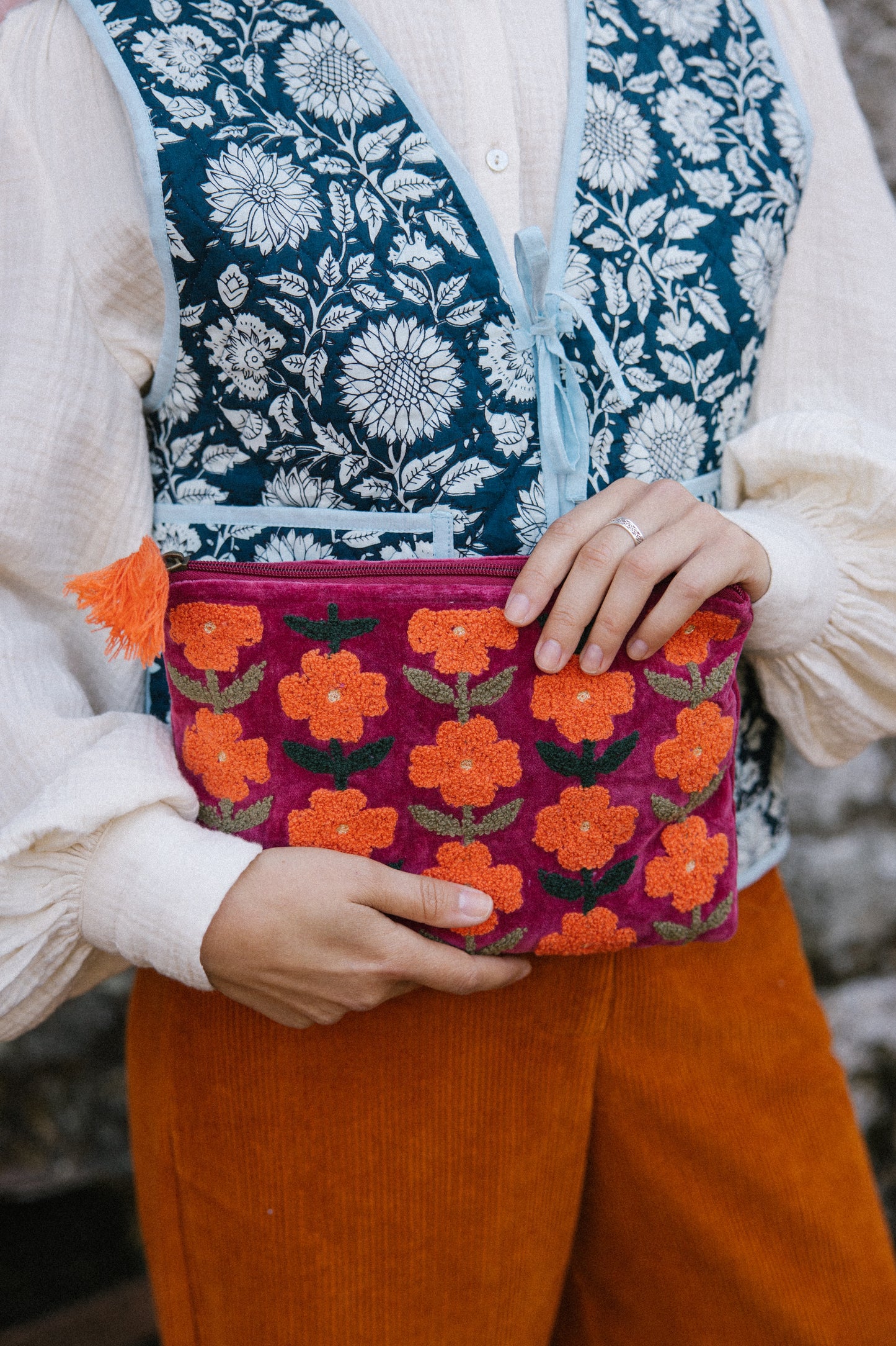 Velvet Multiflowered Pouch in Burgundy