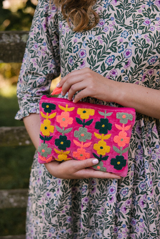 Velvet Multiflowered Pouch in Pink