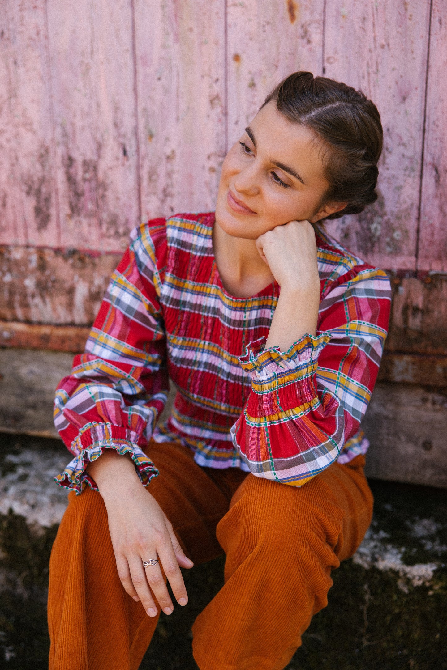 Mary Jane Smock Top - Red Tartan Multi