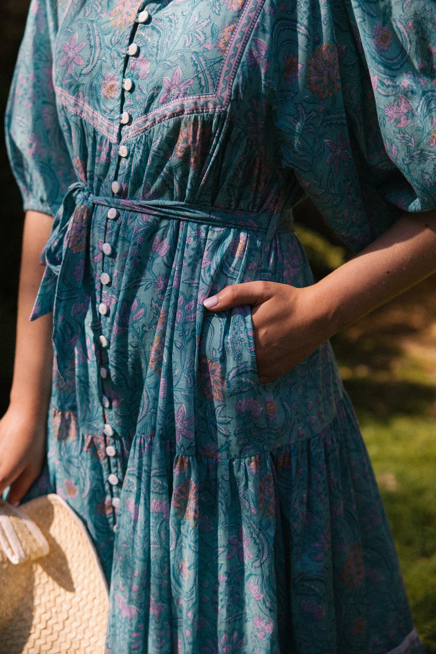 Delilah Maxi Dress in Blue & Gold Print