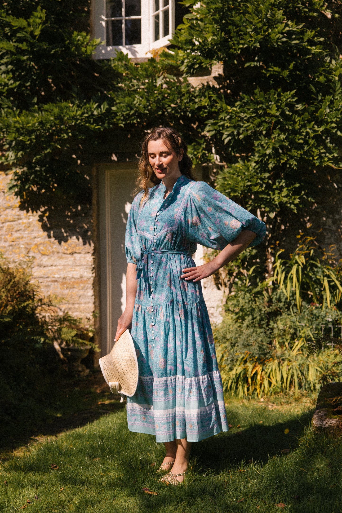 Delilah Maxi Dress in Blue & Gold Print