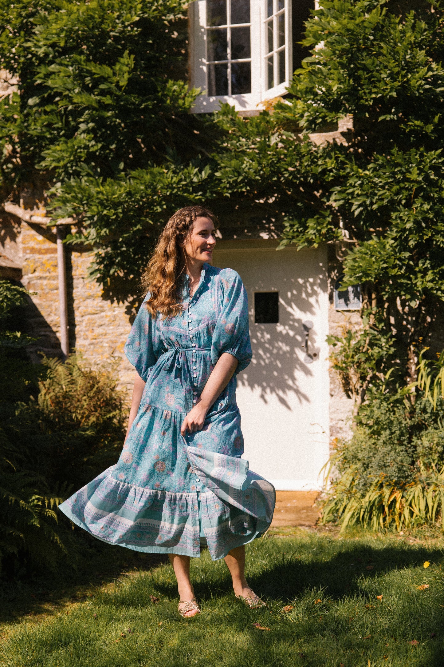 Delilah Maxi Dress in Blue & Gold Print