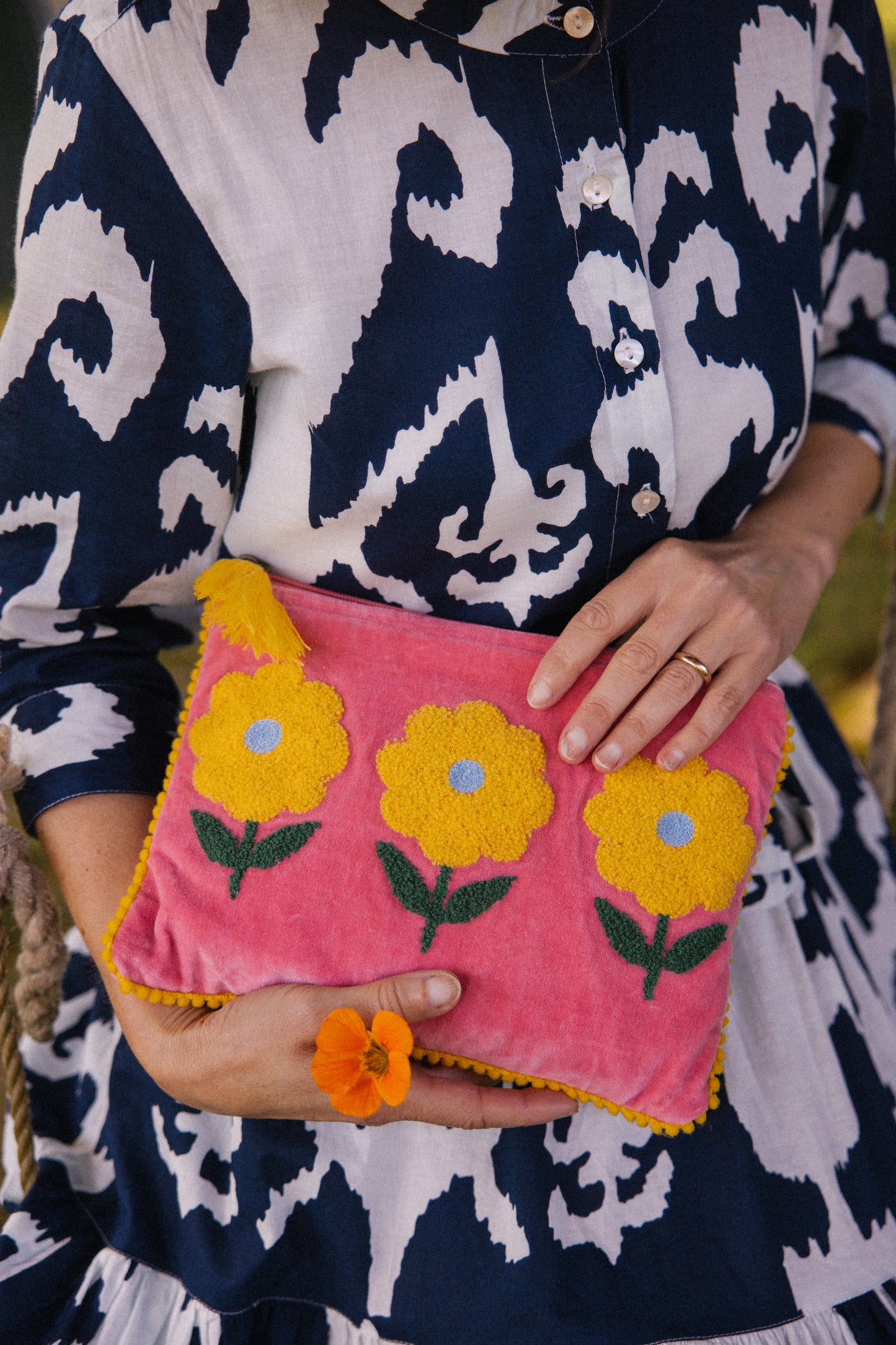 Velvet Triple Flower Pouch in Pink & Yellow