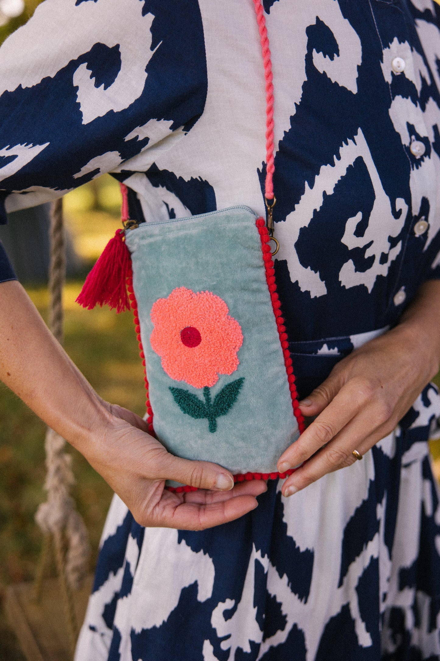 Velvet Flower Phone Pouch - Aqua & Pink