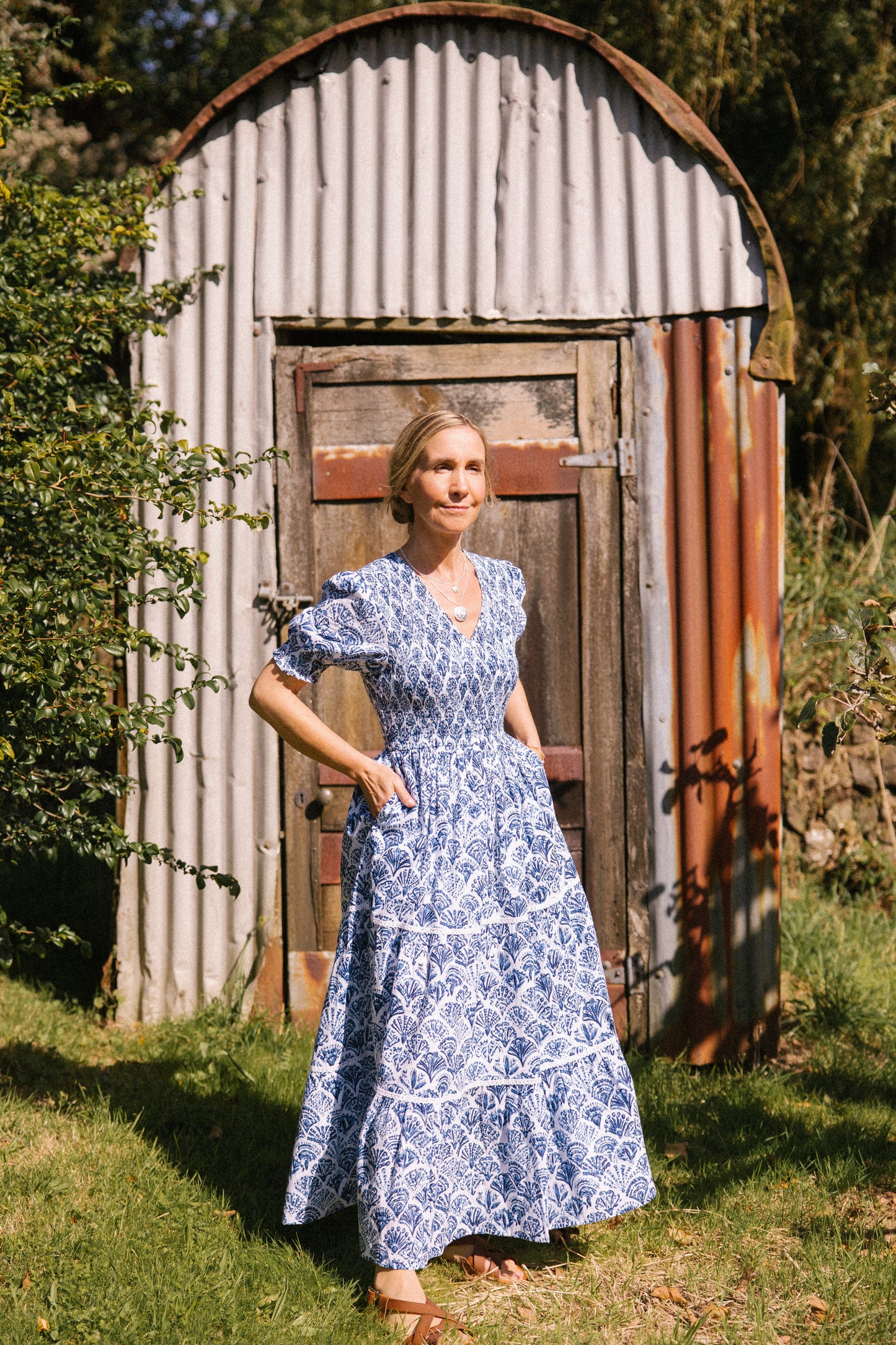 Sea Shell V-Neck Smock Dress - Blue