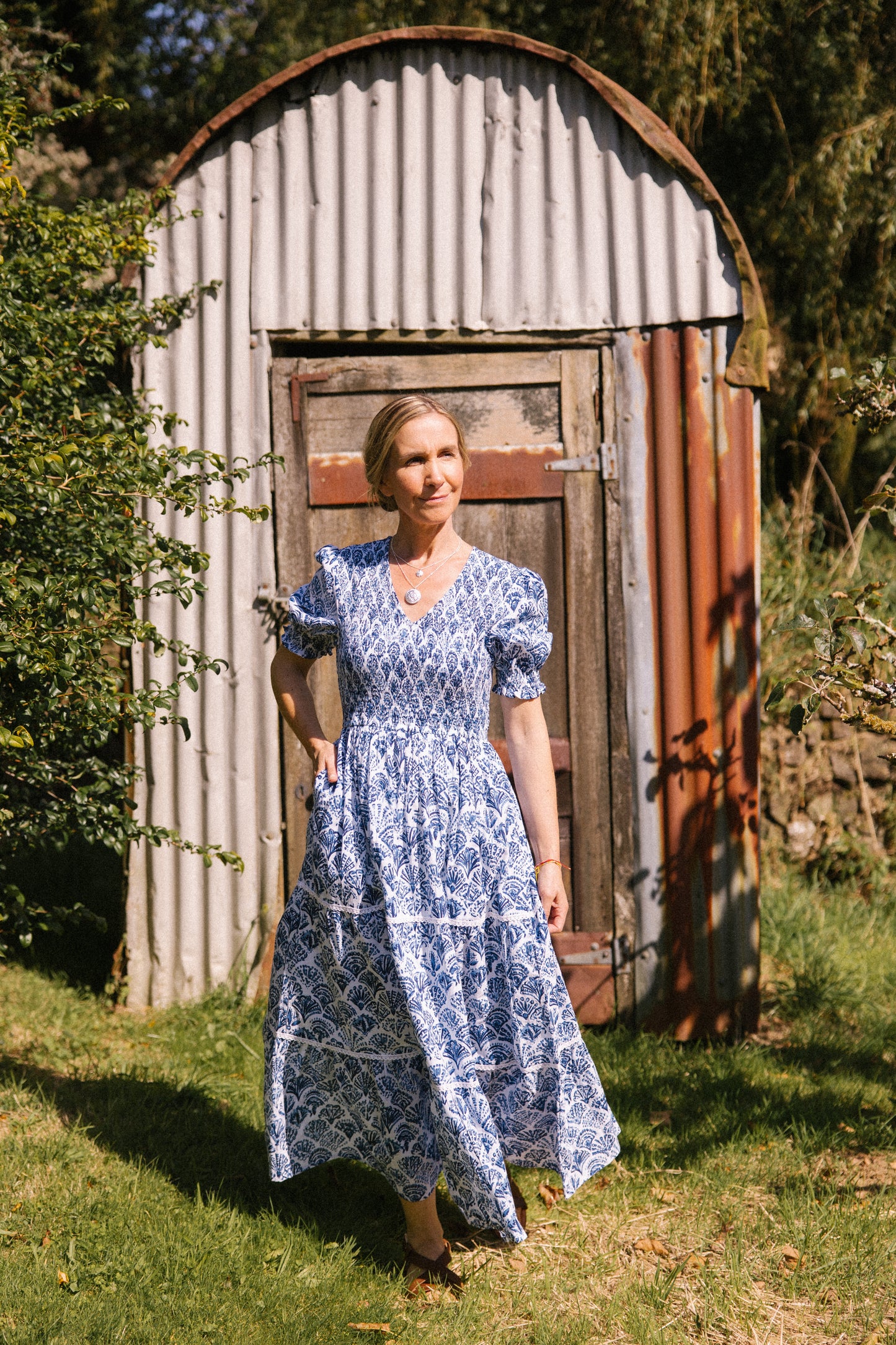 Sea Shell V-Neck Smock Dress - Blue