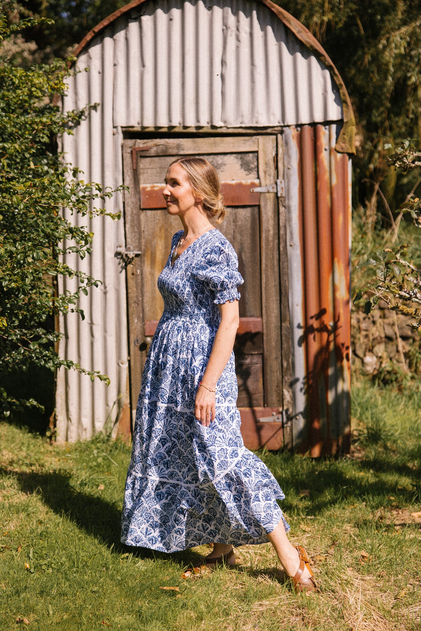 Sea Shell V-Neck Smock Dress - Blue