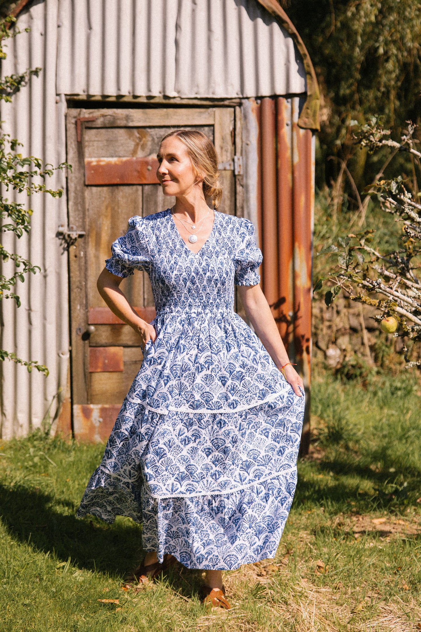 Sea Shell V-Neck Smock Dress - Blue