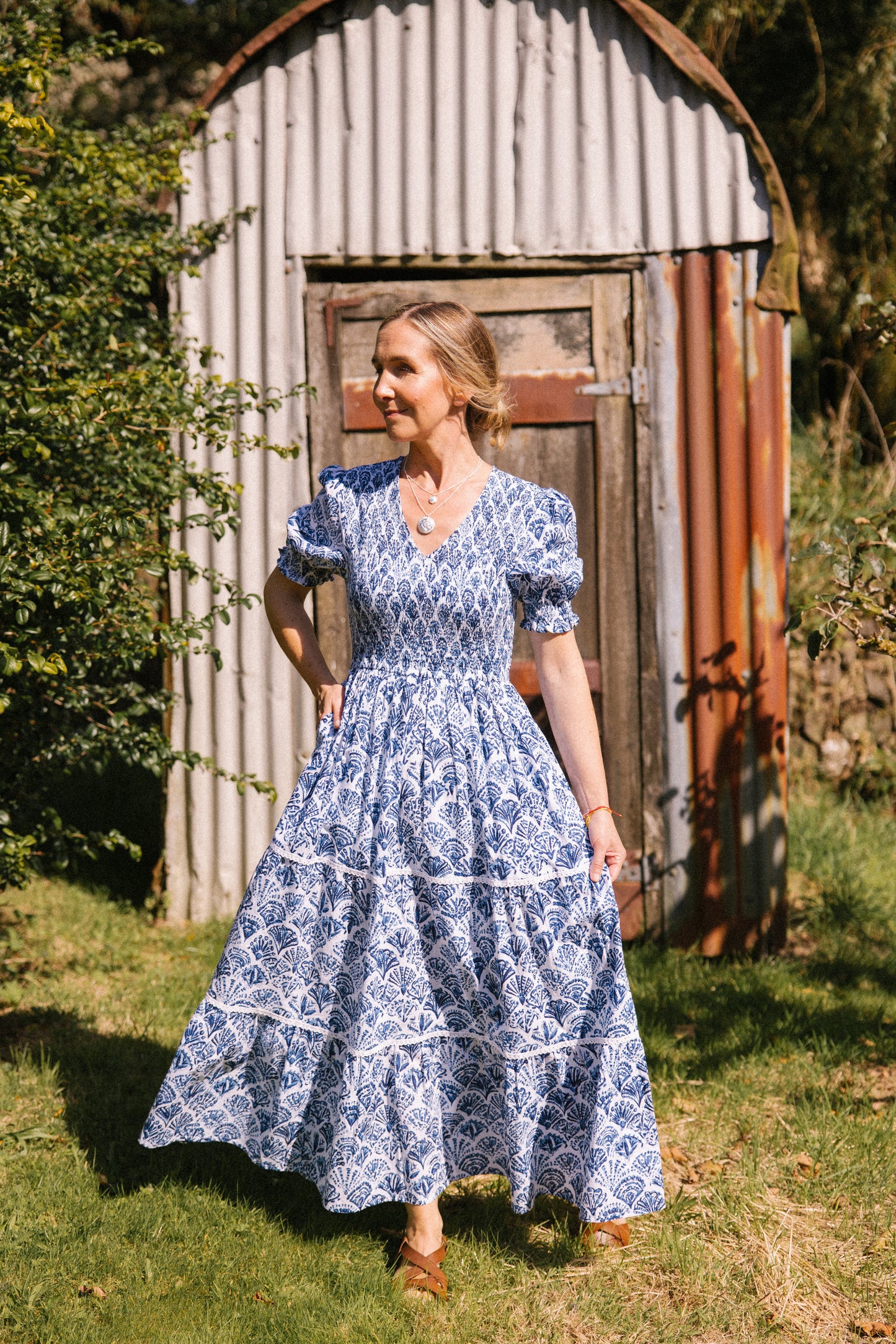 Sea Shell V-Neck Smock Dress - Blue
