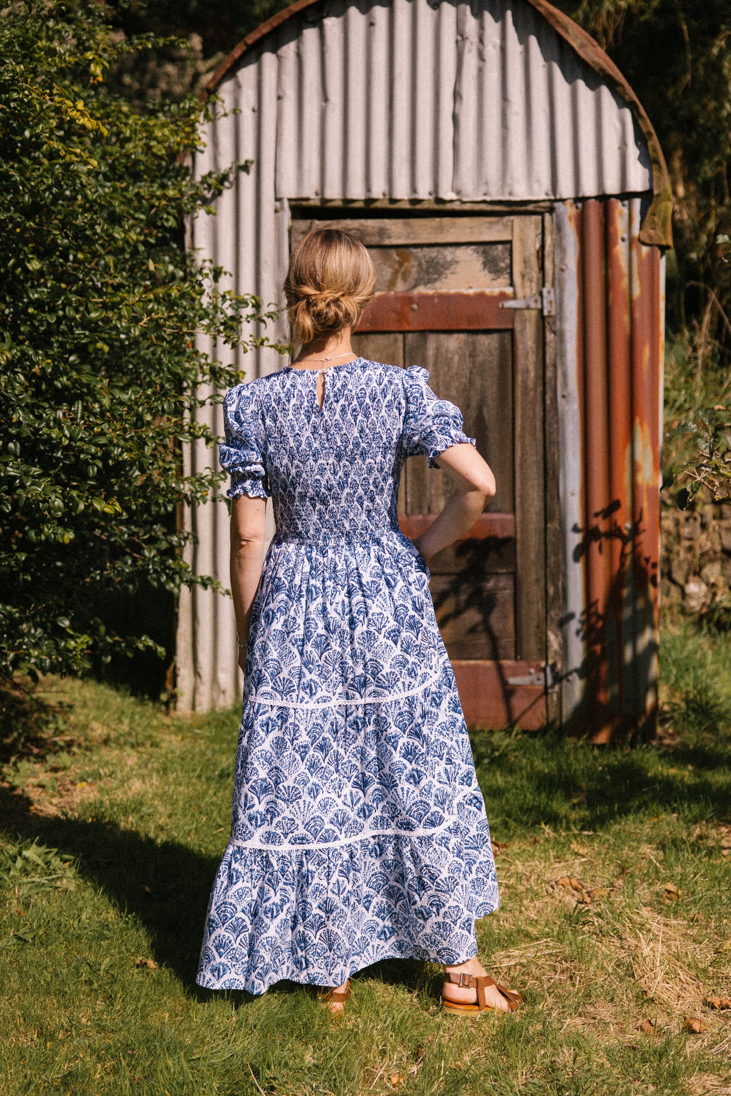 Sea Shell V-Neck Smock Dress - Blue