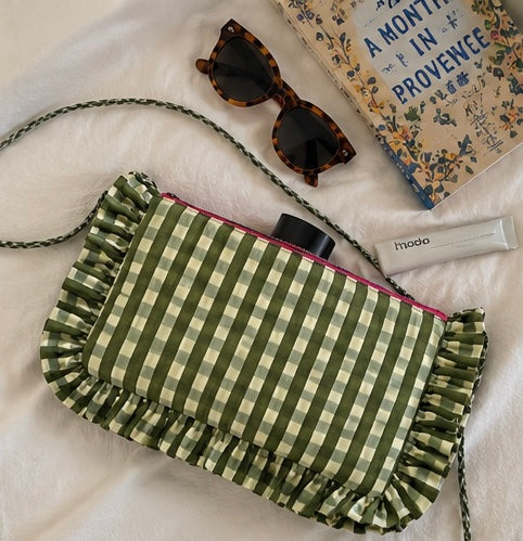 Ruffle Pouch/Bag  - Olive Gingham